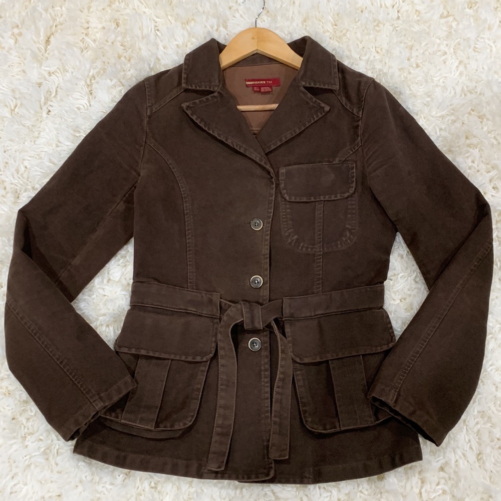 ZARA TRF MILITARY BROWN FAUX SUEDE TIE FRONT JACKET WITH POCKETS- SIZE L